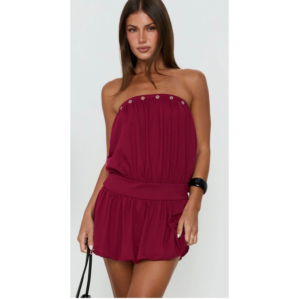 Princess Polly Lenika Eyelet Strapless Mini Dress Burgundy US 6 New